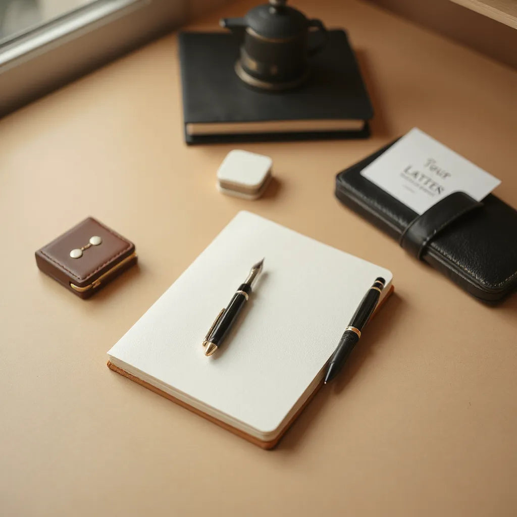 Fountain pen and premium notebook on a tidy desk with matching cards and pen case