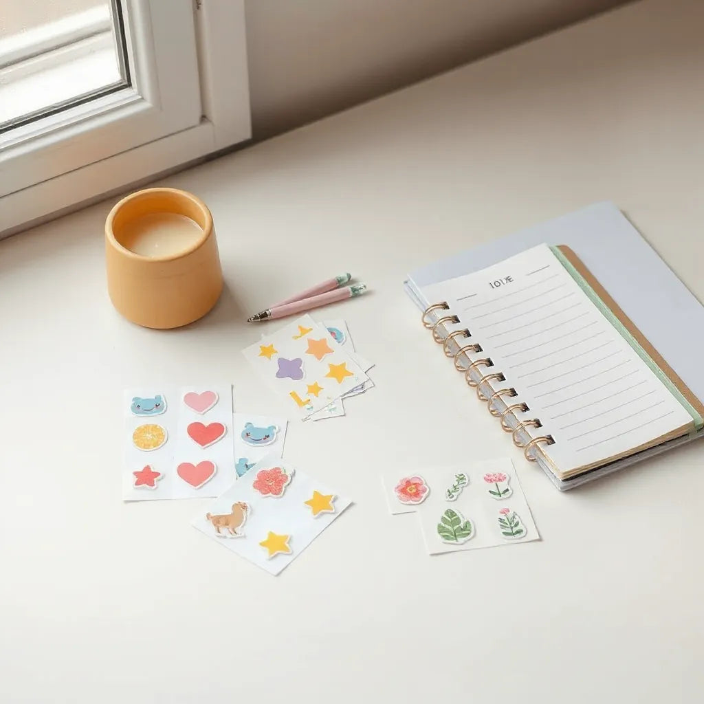 Pastel sticker sheets with stars and animals beside a minimalist journal on a clean desk