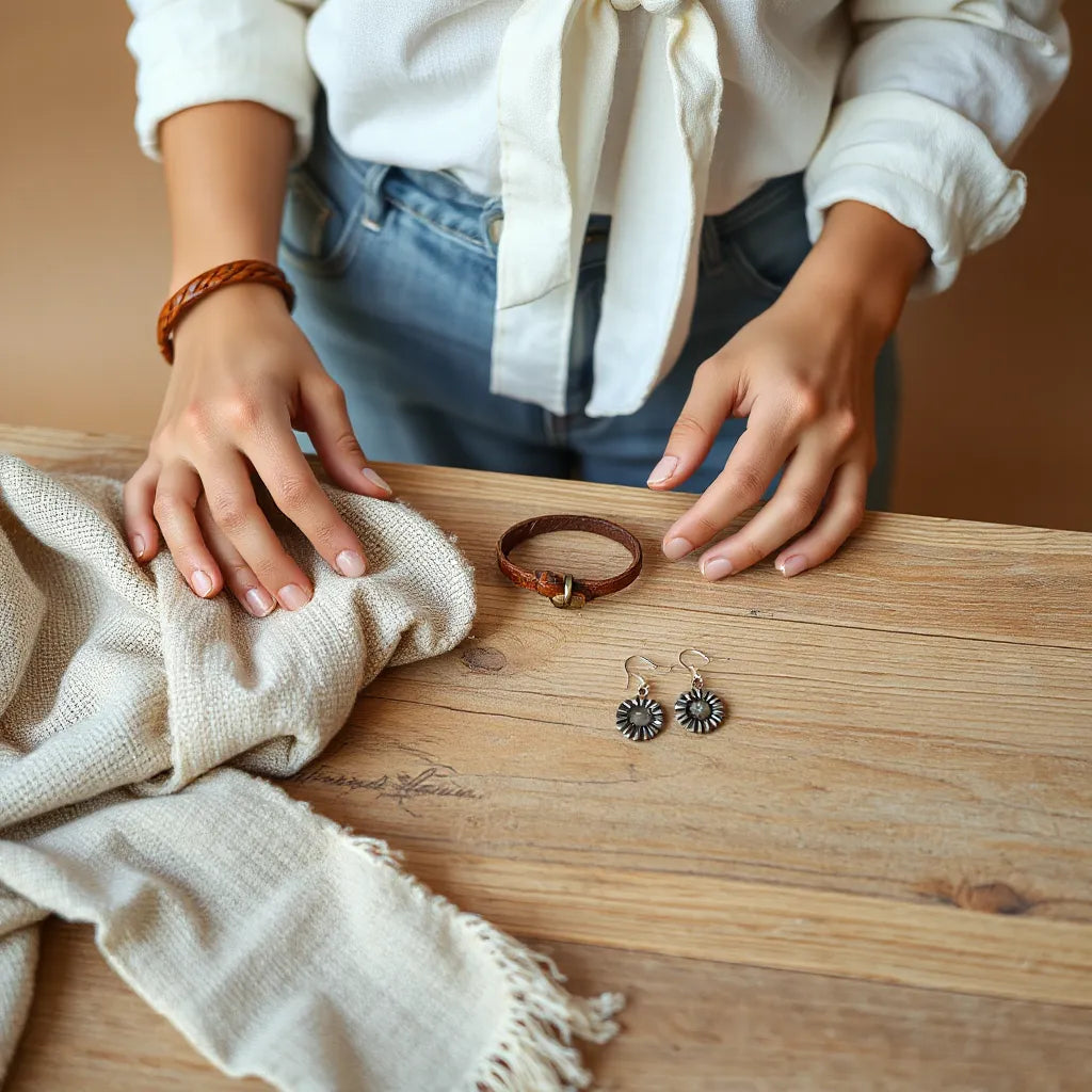 Handmade jewelry and accessories arranged beside a textured scarf on a wooden surface
