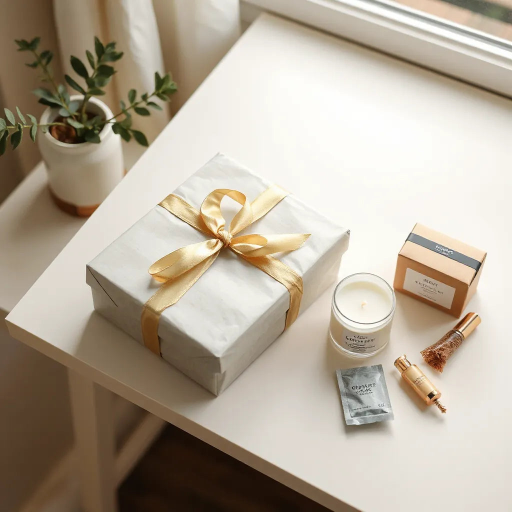 Assorted premium gift items and a neatly wrapped box with ribbon on a clean table