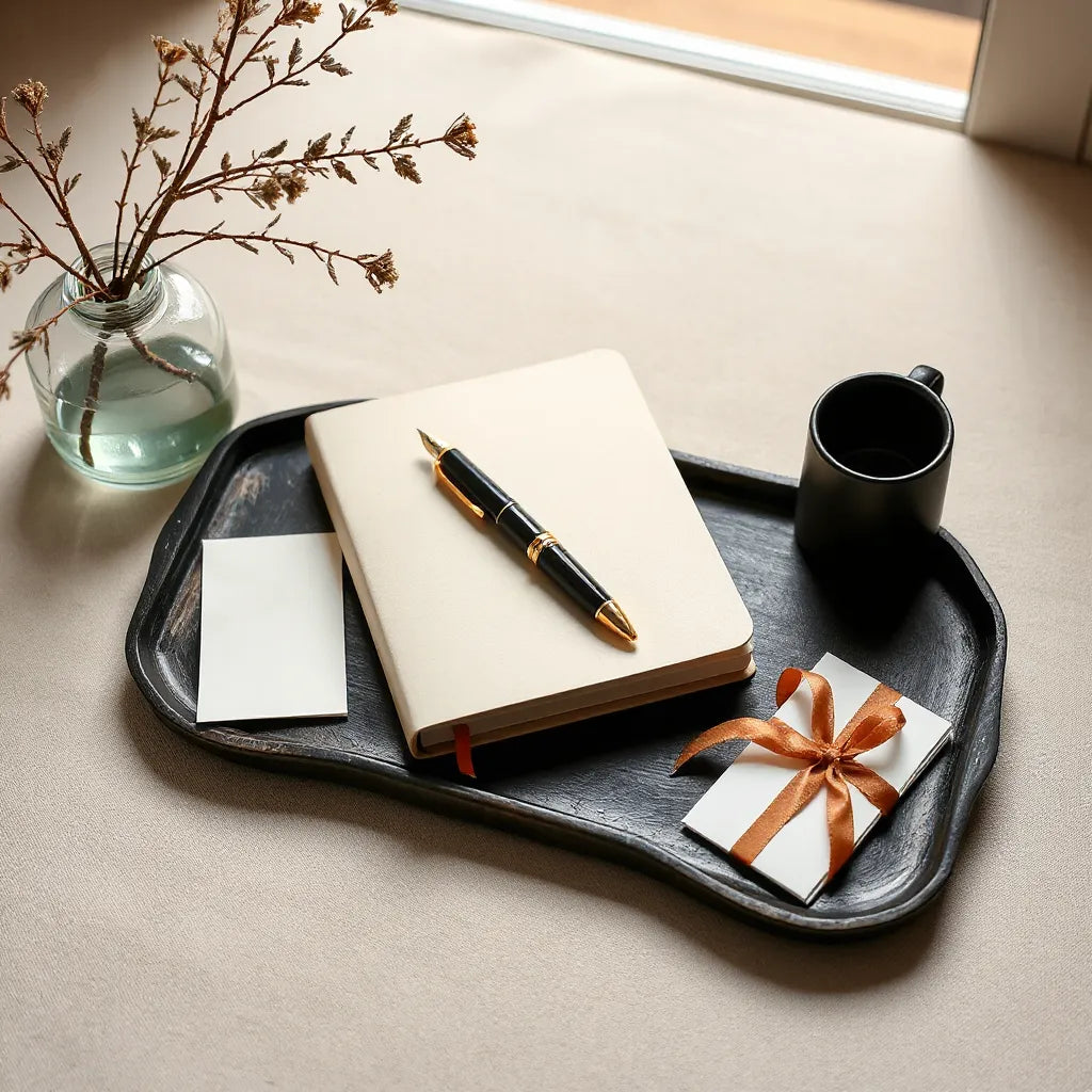 Neatly arranged premium stationery set with notebook, fountain pen, and cards on a minimal desk tray