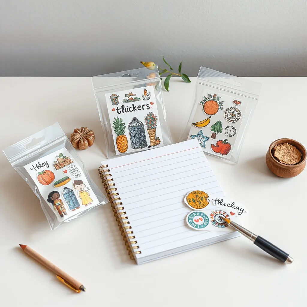 Colorful artistic sticker packs on a desk with stickers being applied to a notebook
