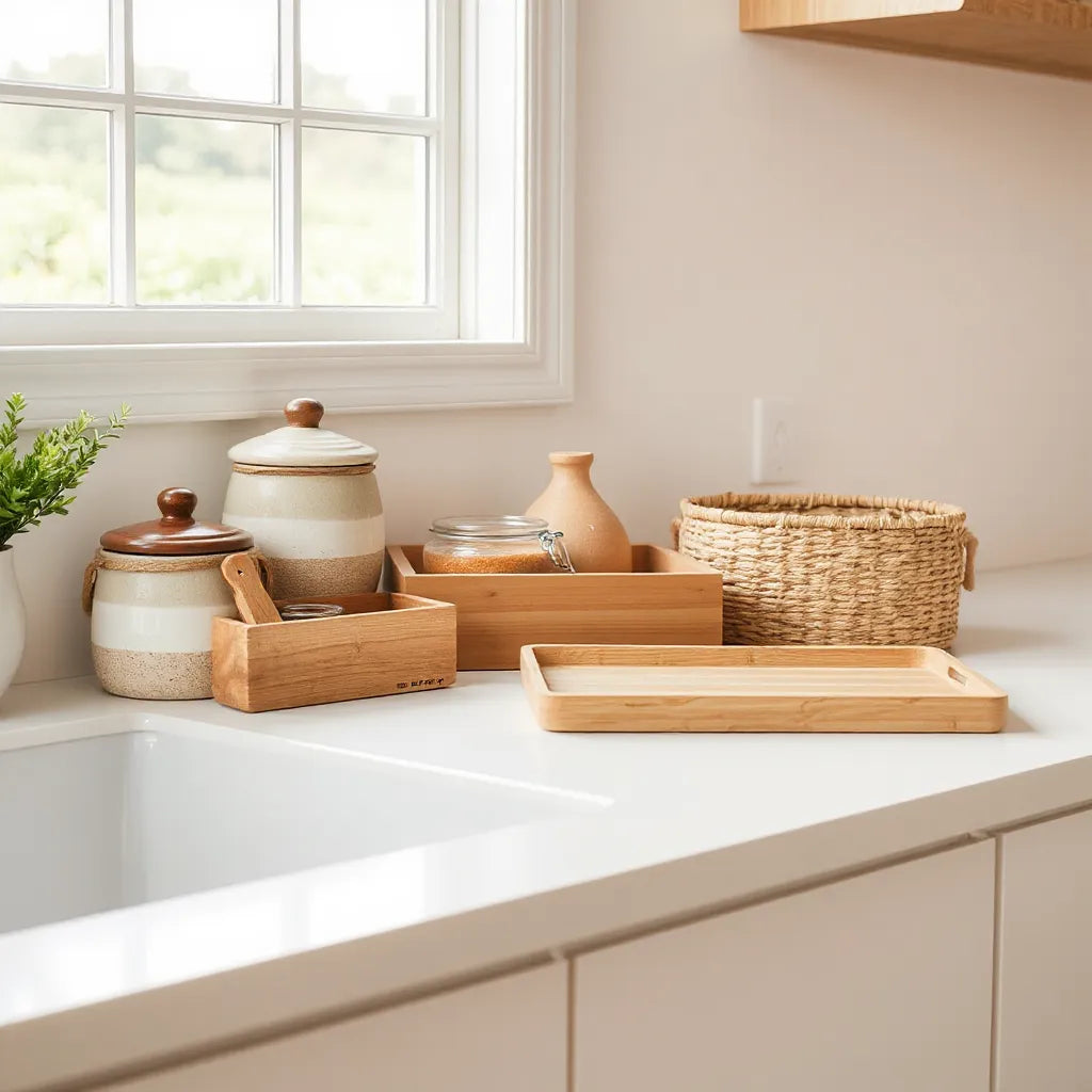 Handcrafted ceramic canisters, wooden organizers, and woven bins arranged neatly on a countertop
