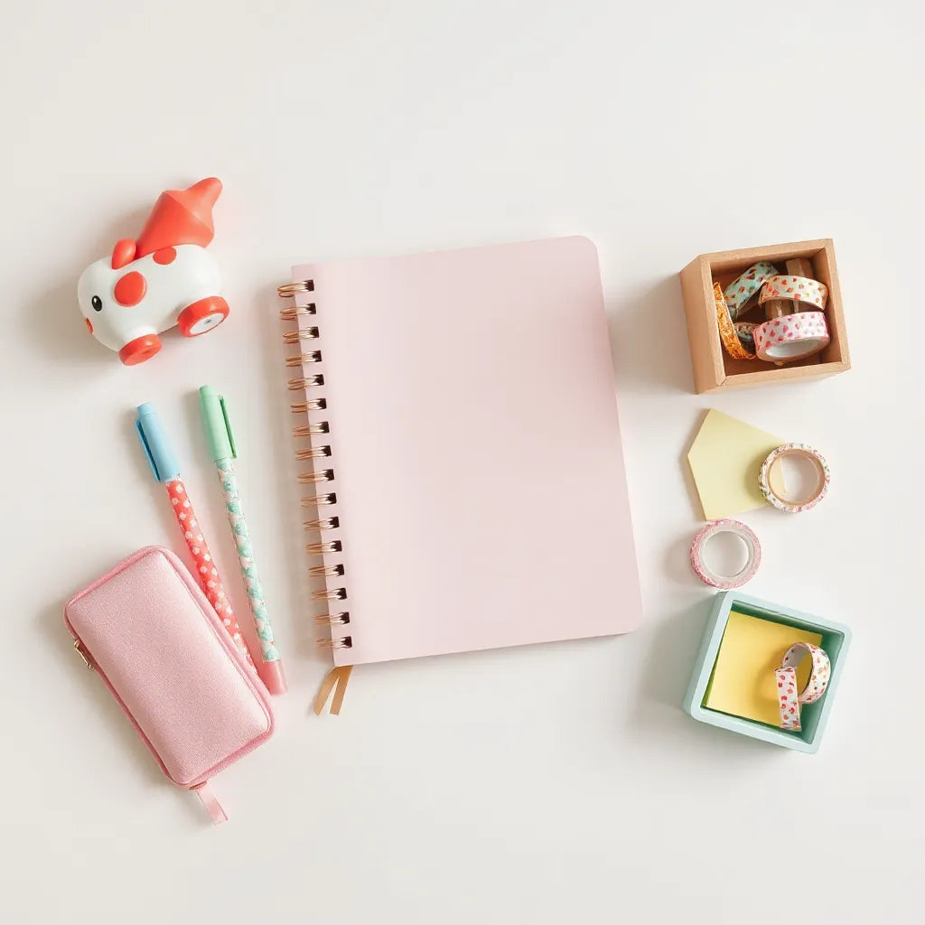 Toy-themed notebook, pens, sticky notes, and a small desk organizer on a tidy workspace