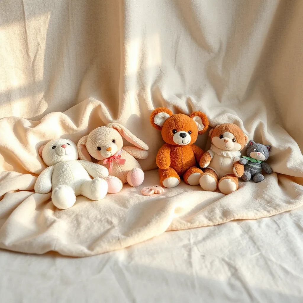 Assorted plush toys arranged neatly on a soft blanket with warm natural lighting