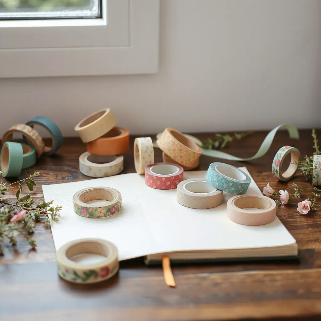 Assorted patterned washi tape rolls neatly arranged beside blank craft paper and a journal page