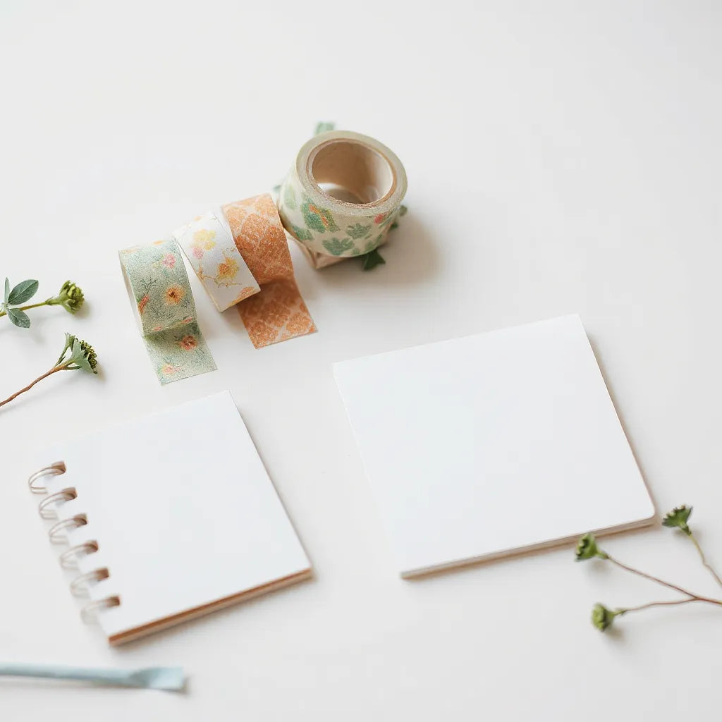 Colorful patterned washi tape rolls next to a blank notebook and greeting card on a clean desk