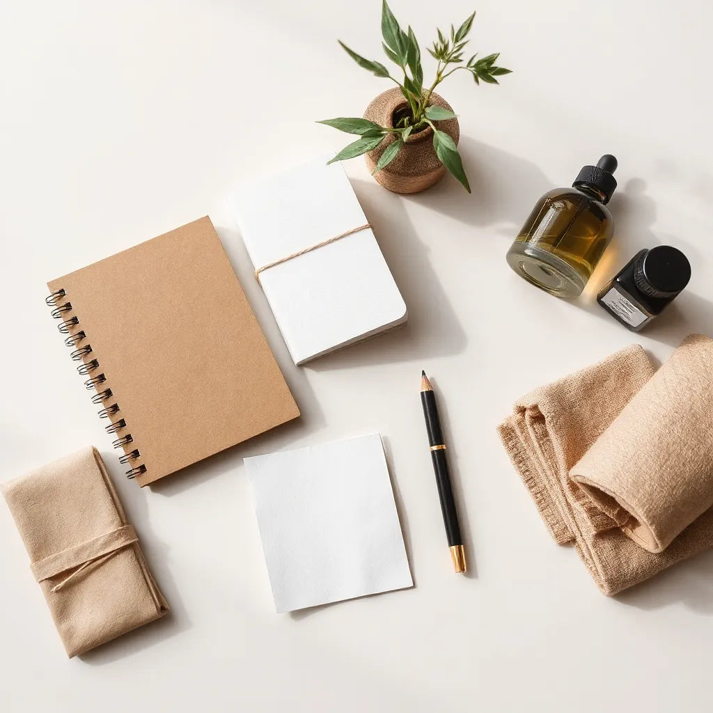 Recycled paper notebook and bamboo pen on a clean desk with other eco-friendly stationery accessories