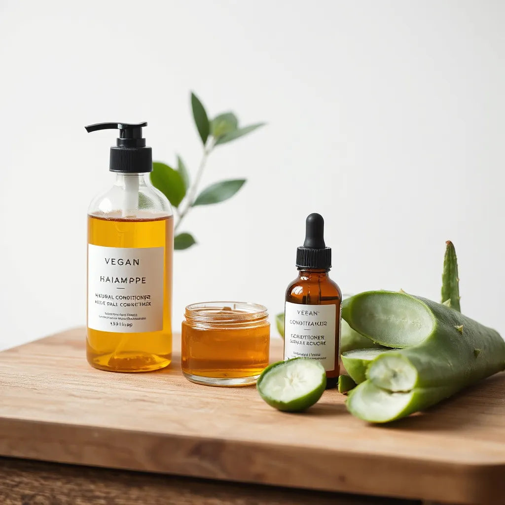 Minimal vegan hair care products with shampoo and conditioner beside aloe and green leaves