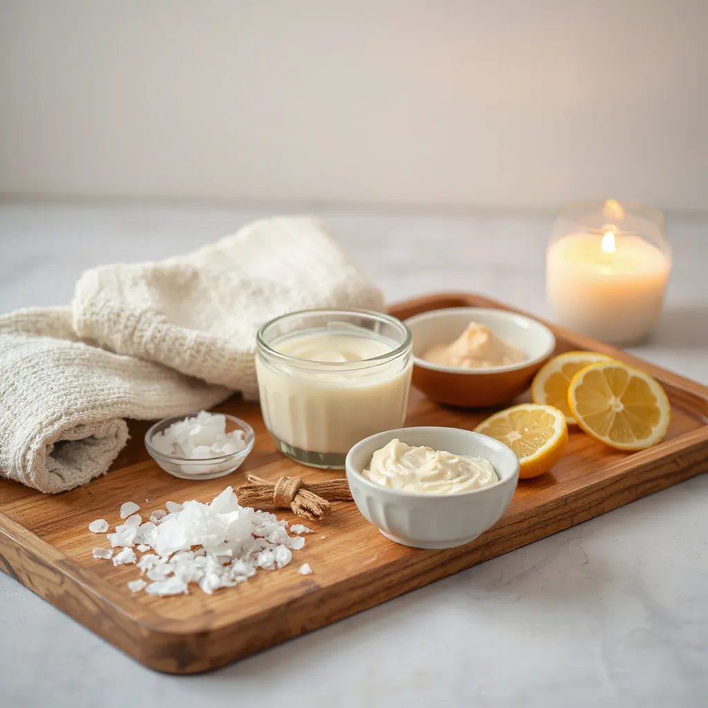 Glass jar and ceramic bowl of creamy body scrub on a wooden spa tray with towel, salt crystals, and citrus slices