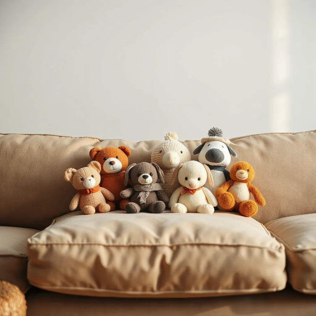 Assorted unique plush toys with different textures and characters arranged on a couch cushion