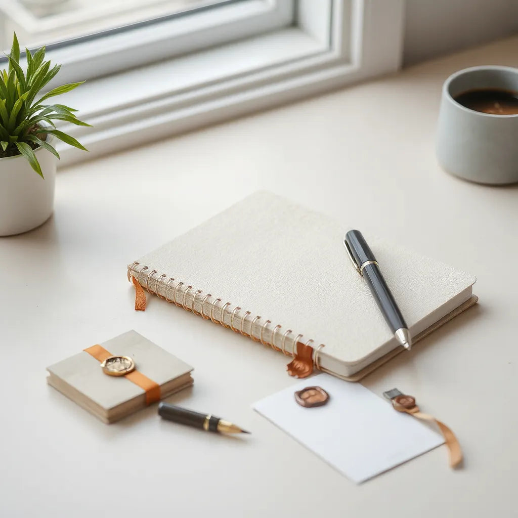 Elegant notebook and pens arranged on a minimalist desk with soft natural light