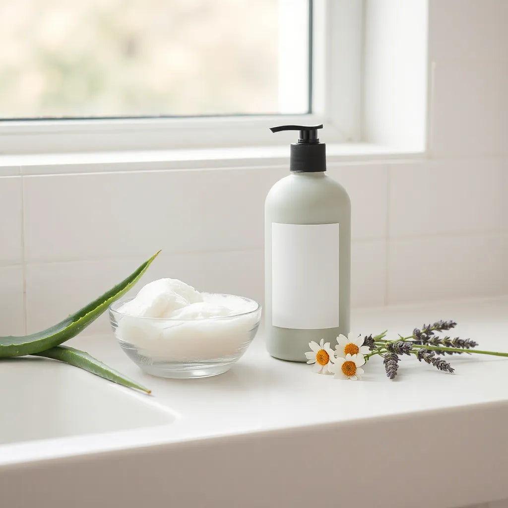 Sulfate-free shampoo bottle with creamy lather and natural ingredients on a bright bathroom countertop
