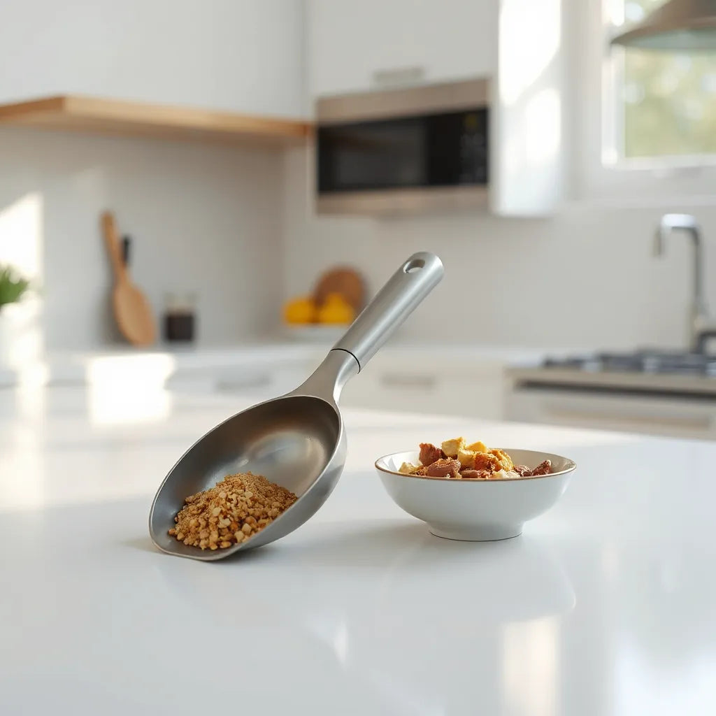Modern scooping tool beside a small bowl of premium ingredients on a clean countertop
