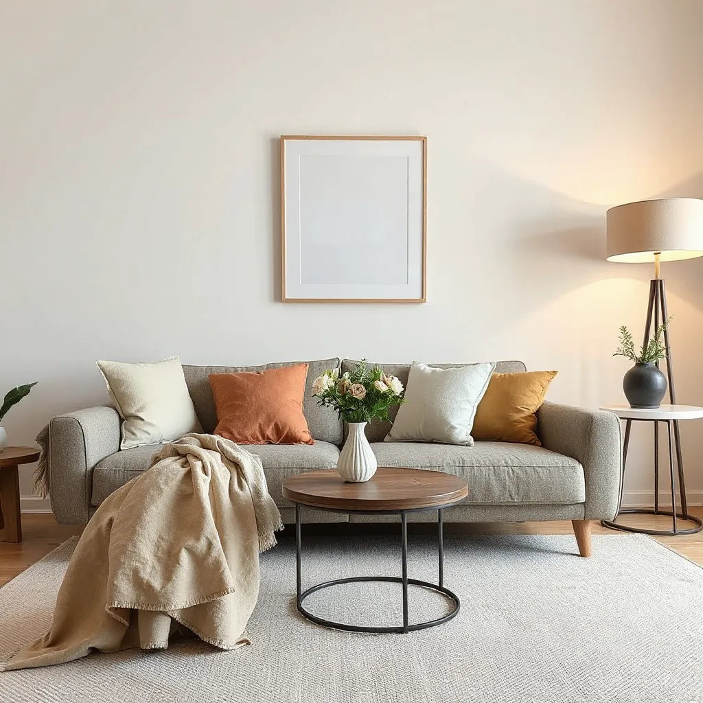 Stylish living room with coordinated cushions, wall art, and a vase on a side table