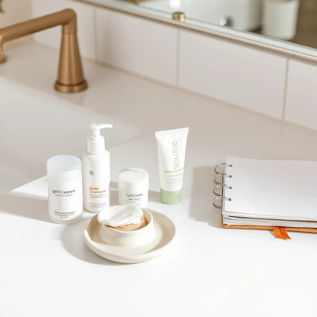 Skincare essentials arranged neatly on a bathroom vanity for a simple daily routine.