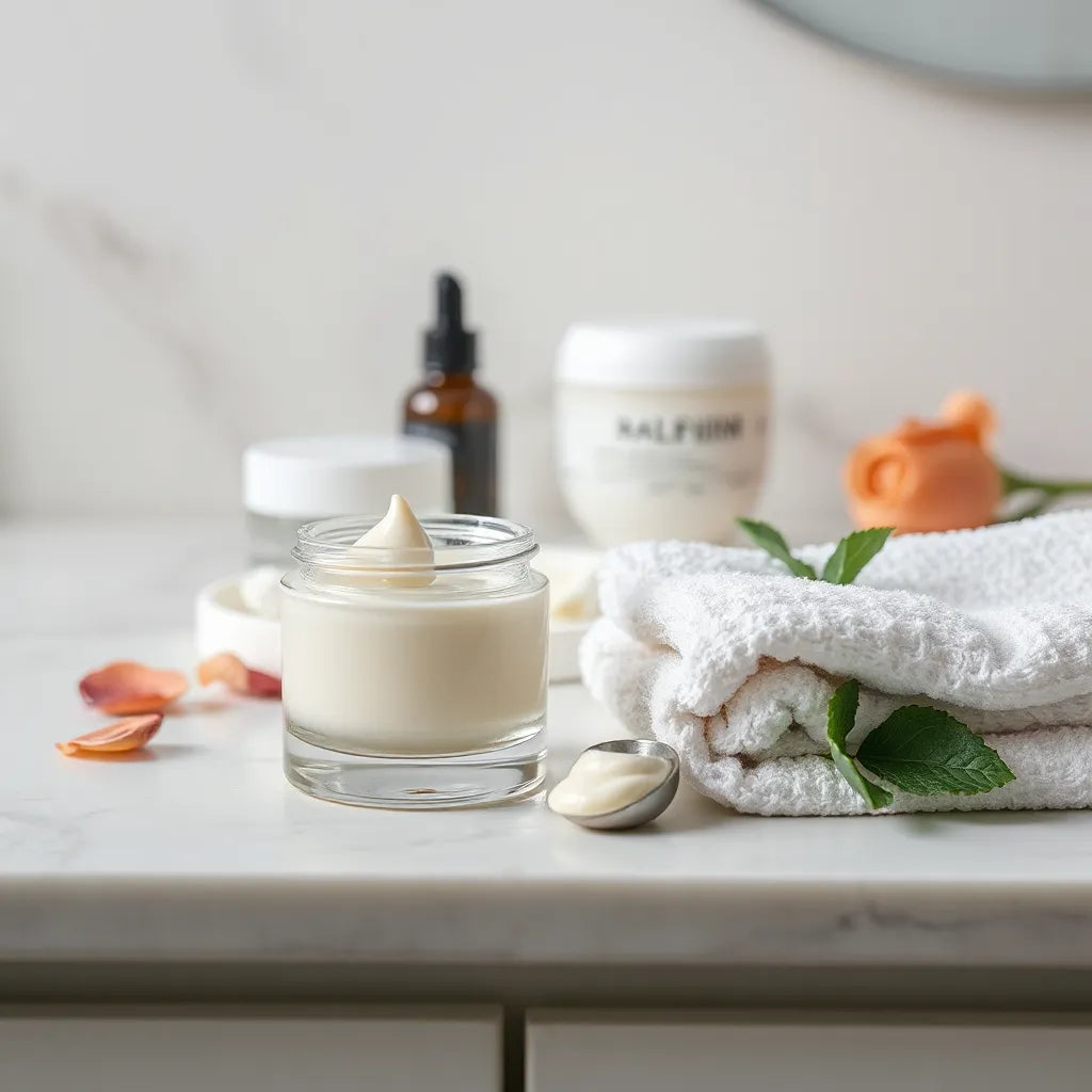 Jar of anti-aging moisturizer with creamy swirl on a clean vanity beside skincare essentials