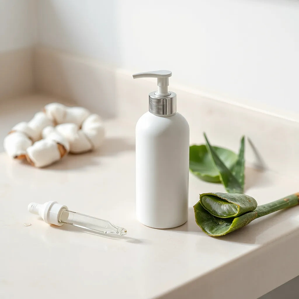 Paraben-free lotion bottle and pump beside cotton pads and aloe leaves on a clean vanity