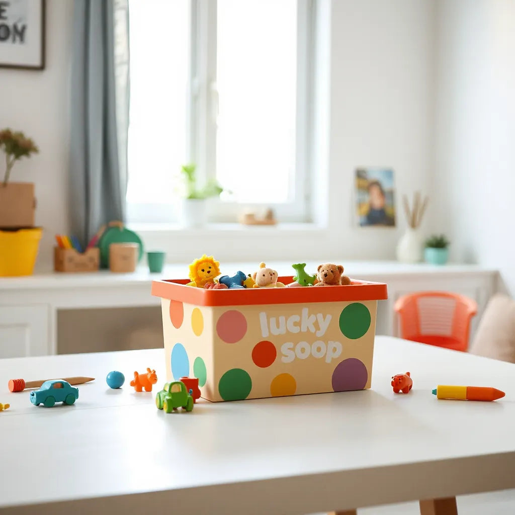 Colorful toy scoop box with small toys ready for imaginative play on a tidy tabletop