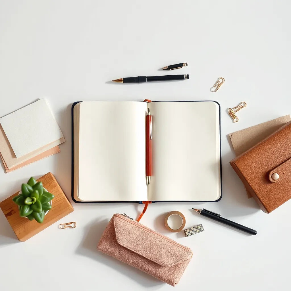 Curated stationery set on a desk with notebook, pens, cards, and small accessories
