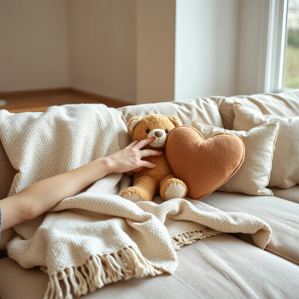 Adult hand resting on a soft plush teddy bear and heart pillow on a couch