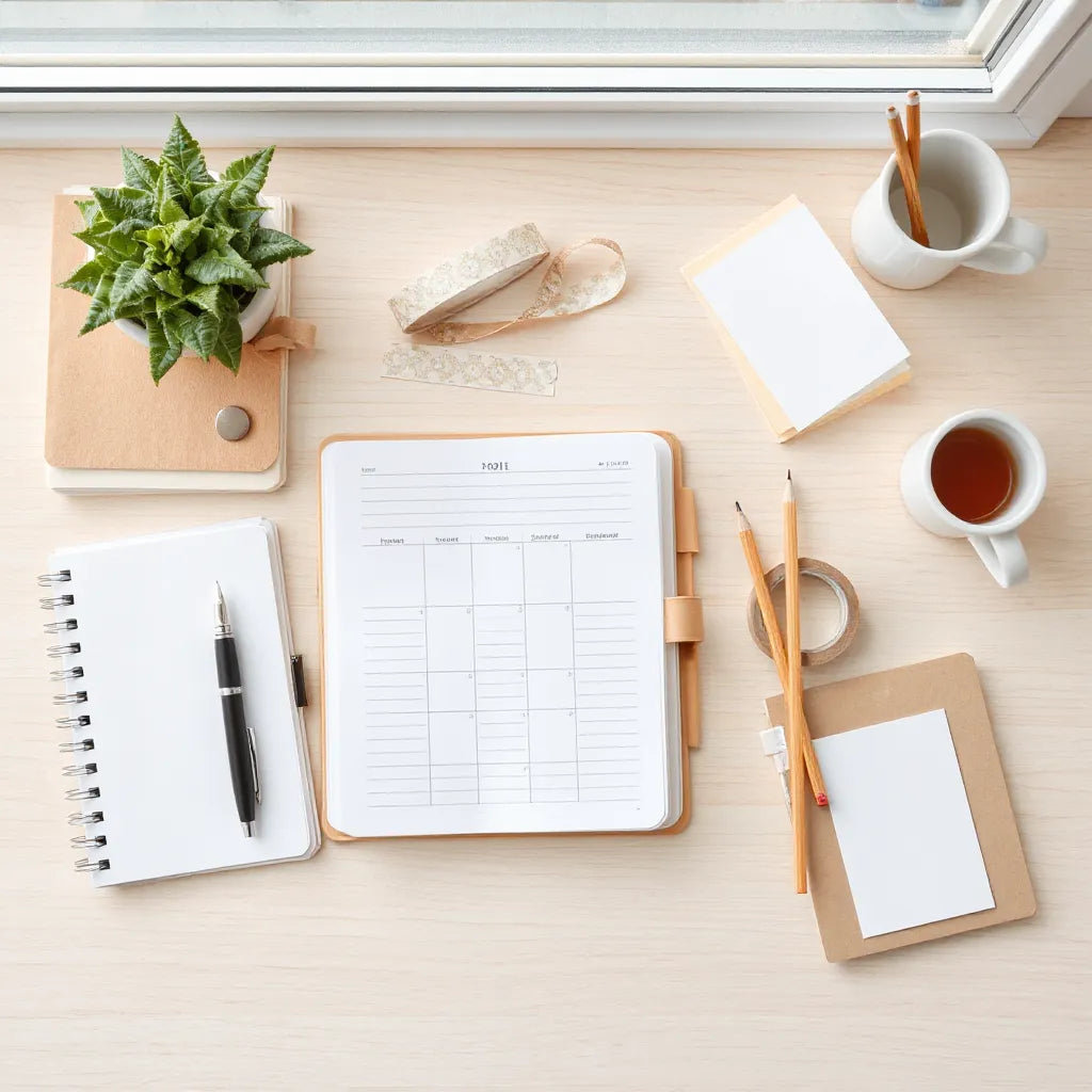 Assorted notebooks, pens, sticky notes, and greeting cards arranged on a clean desk