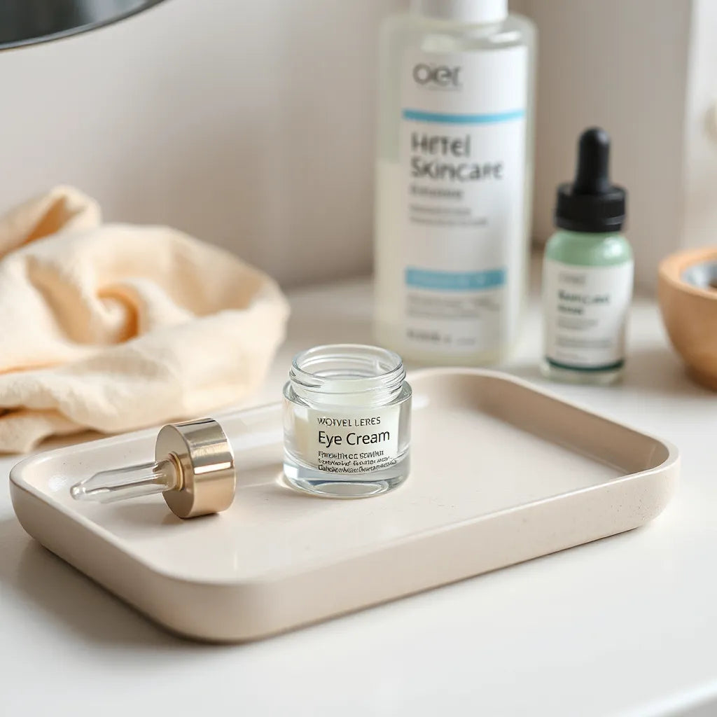 A small jar of eye cream with a metal applicator on a minimal vanity tray in soft daylight