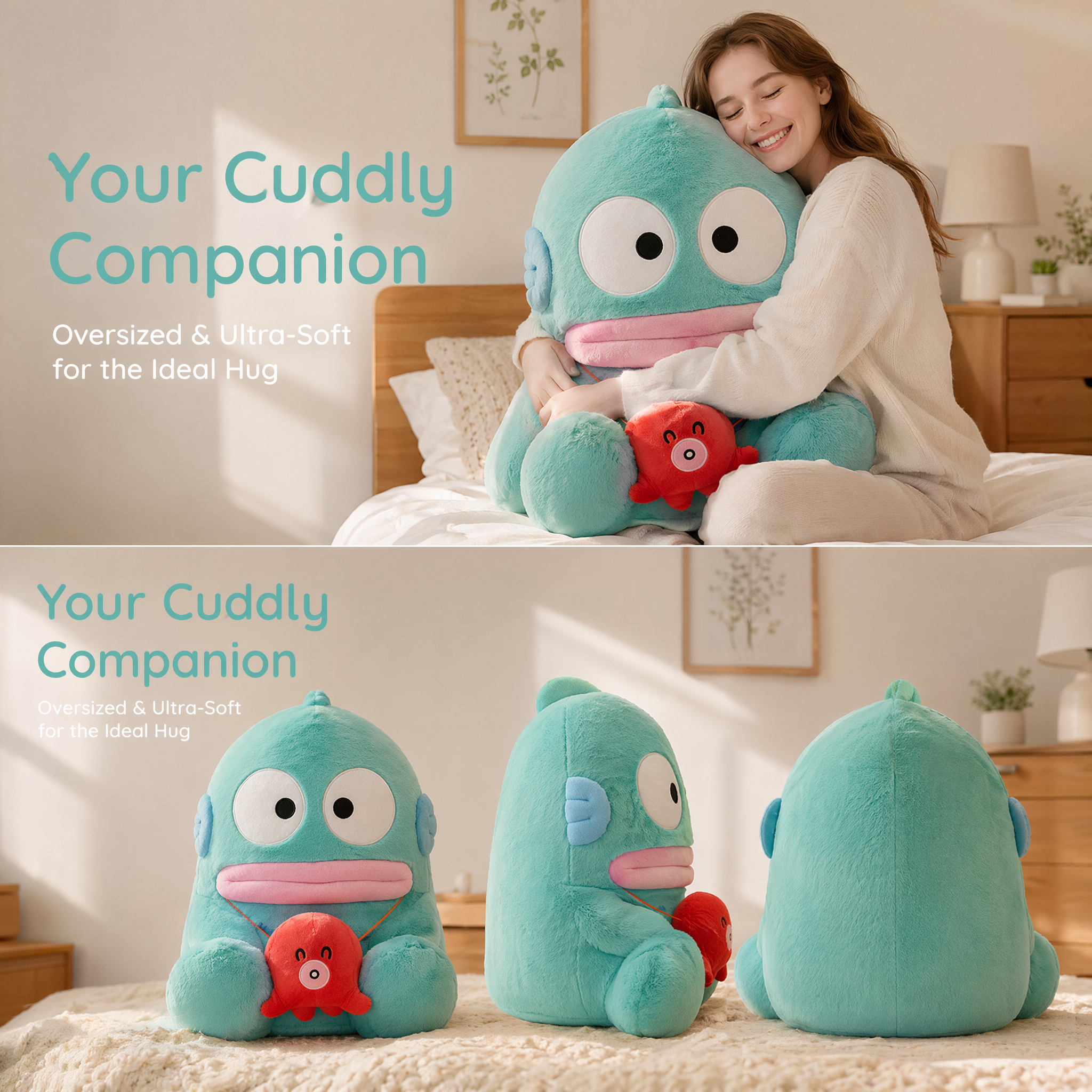 Sanrio Hangyodon Plush Toy, Giant Soft Stuffed Animal Pillow with Mini Octopus Pendant, Kawaii Plush Doll for Kids, Birthday & Christmas Gift