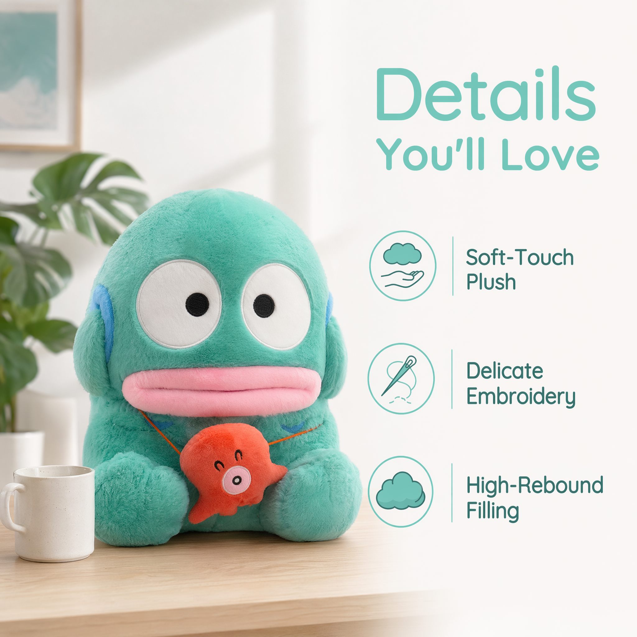 Sanrio Hangyodon Plush Toy, Giant Soft Stuffed Animal Pillow with Mini Octopus Pendant, Kawaii Plush Doll for Kids, Birthday & Christmas Gift